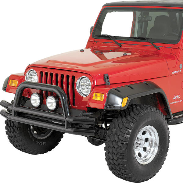 Double Tube Front Bumper with Hoop in Gloss Black for Jeep CJ-5, CJ-7, CJ-8 Scrambler, Wrangler YJ, TJ 1976-2006 and Unlimited